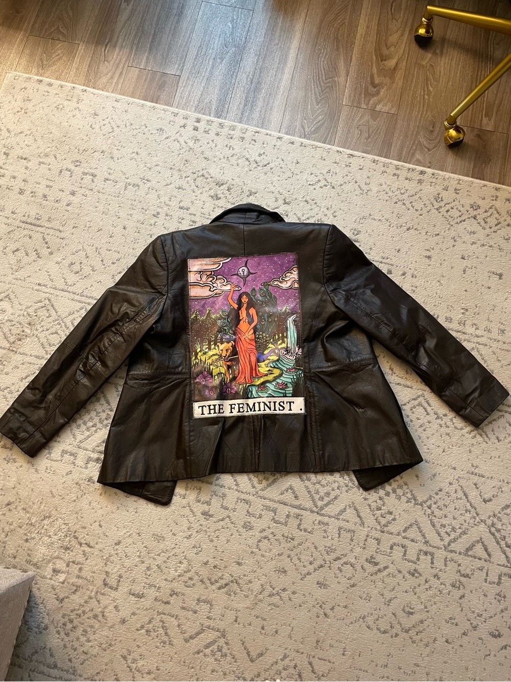 Amanda Smith Dark Brown Petite Genuine Leather Jacket with Colorful Back Art